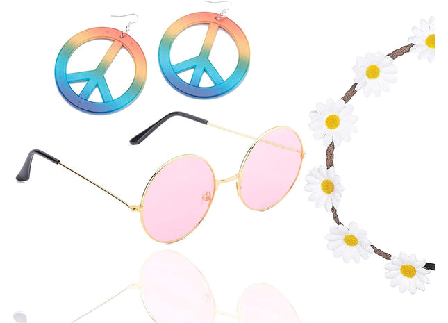 4 in 1 - 70er Hippie Accessoires Set mit Hippiebrille, Kette, Ohrringen, Blumenkette für Damen & Herren and Fasching & Karneval
