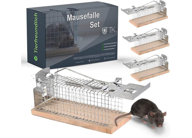 3X Set Tierfreundlich - Mausefalle aus Holz lebend - Mäusefallen - Lebendfalle Maus & Ratte Käfigfalle mit Köderfixierung