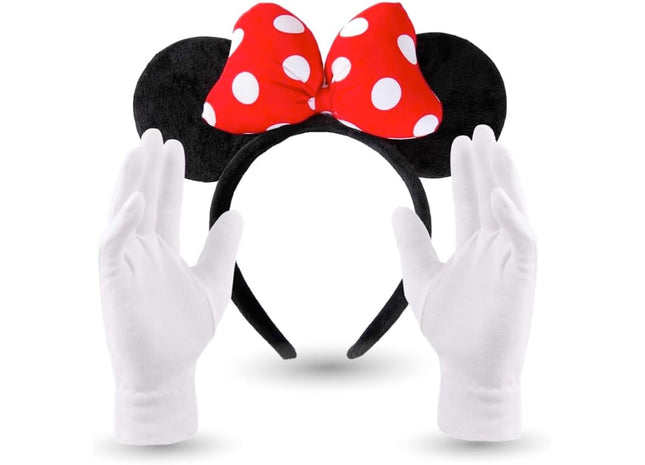 2 in 1 - Minnie Mini Maus Ohren Kostüm Set mit Handschuhen und Mausohren für Damen an Fasching & Karneval (Set)