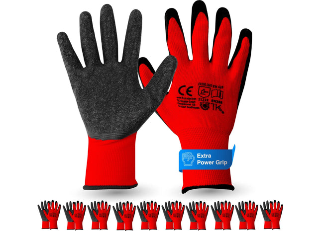 10x Paar Premium Arbeitshandschuhe Rot - Gartenhandschuhe Einheitsgröße 7-11 für Herren & Damen - Work Gloves EN388 für Arbeit & Garten mit Latexbeschichtung