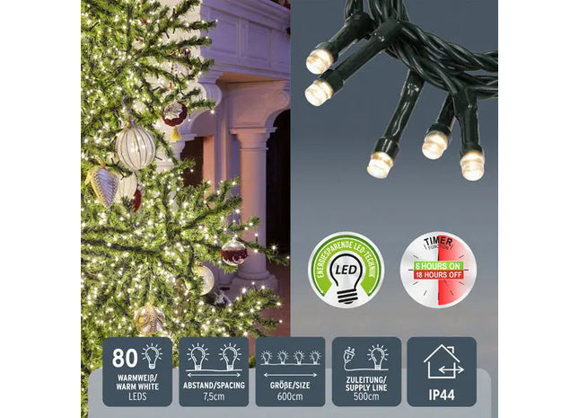 6m LED-Lichterkette mit 80 Leuchten - Gemütliches Ambiente für Kleinräume TK Gruppe® Grosshandel 