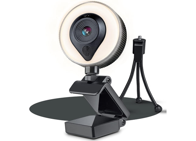 KT KardTec 1080p Full HD Webcam mit Mikrofon & Autofokus – 2k Megapixel Streaming Cam mit Ringlicht – USB PC Kamera - Facecam Plug & Play + Stativ