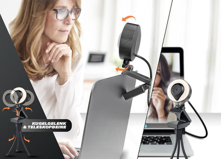 KT KardTec 1080p Full HD Webcam mit Mikrofon & Autofokus – 2k Megapixel Streaming Cam mit Ringlicht – USB PC Kamera - Facecam Plug & Play + Stativ TK Gruppe® Grosshandel