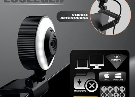 KT KardTec 1080p Full HD Webcam mit Mikrofon & Autofokus – 2k Megapixel Streaming Cam mit Ringlicht – USB PC Kamera - Facecam Plug & Play + Stativ TK Gruppe® Grosshandel