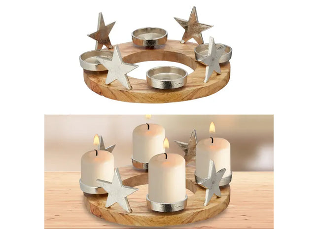 Adventsstern Kerzenhalter, Holzbasis, Rund, ca. 30cmD - Festlicher Mittelpunkt für die Feiertage! TK Gruppe® Grosshandel 
