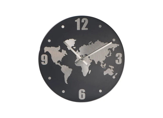 Aluminium Wanduhr mit Weltkartenmotiv - Elegantes Silbergrau, 40 cm Durchmesser TK Gruppe® Grosshandel 