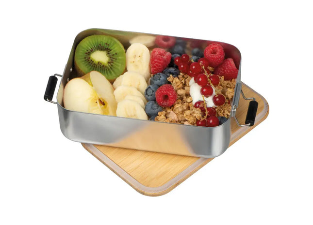 Aluminum Snack Box with Bamboo Lid in Silver Grey - Eco-Friendly, Durable Meal Container TK Gruppe® Grosshandel 