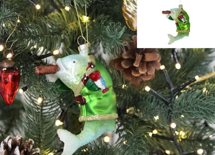 Außergewöhnlicher Glasfisch mit Zigarre Weihnachtsanhänger, Glitzer, 10cm TK Gruppe® Grosshandel 