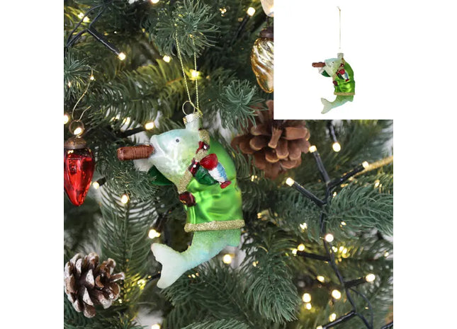 Außergewöhnlicher Glasfisch mit Zigarre Weihnachtsanhänger, Glitzer, 10cm TK Gruppe® Grosshandel 