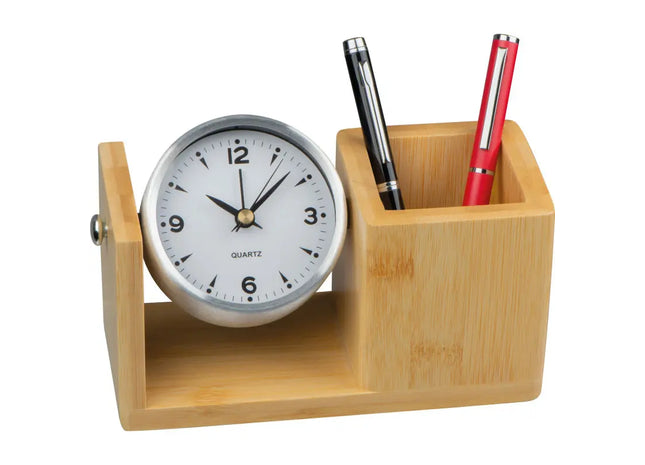 Bambus Stiftehalter mit Uhr in Beige - Eleganter Zeit- und Organizer TK Gruppe® Grosshandel 