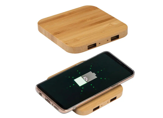 Bambus Wireless Charger mit 2 USB-Hubs - Natürlich Beige TK Gruppe® Grosshandel 