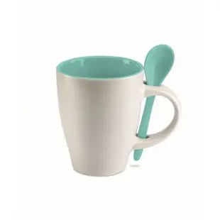 Becher mit Löffel 250 ml DUAL - Blau, Hochwertiger Keramikbecher, Inklusive Löffel, Spülmaschinenfest TK Gruppe® Grosshandel 