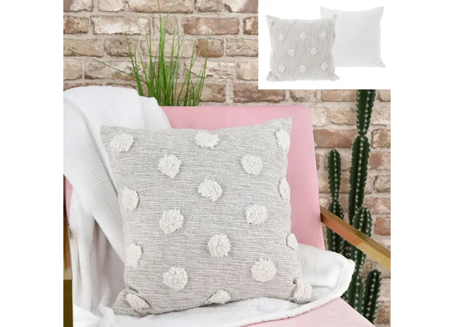 Beiges Dekokissen mit Pom-Pom-Besatz, ca. 45x45 cm, Zierkissen TK Gruppe® Grosshandel 