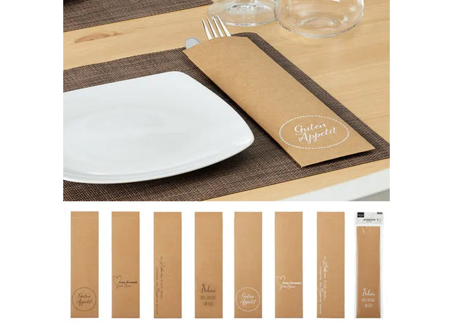 Bestecktaschen mit Sprüchen, 8 Stück pro Set, 4er Pack, ca. 25cm Hoch – Stilvolle Tischdekoration TK Gruppe® Grosshandel 