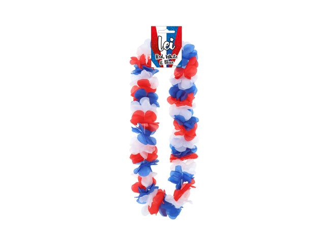 Hula Lei Kette 100cm mit 8,5cm Blumenblättern in Rot/Weiß/Blau - Karneval & Party Zubehör TK Gruppe® Grosshandel 