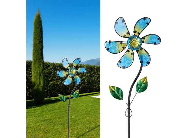 Blau-gelbe Windrad Blume, ca. 92cm Höhe, farbenfrohe Gartendeko TK Gruppe® Grosshandel 