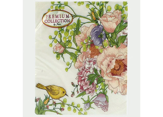 Blumen- und Vogelmotiv Premium Servietten, 20 Stück, 33x33 cm - Elegante Tischdeko TK Gruppe® Grosshandel 