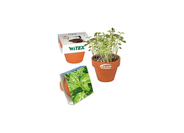 Branded Basilikumtopf mit Banderole – Ideal für Werbegeschenke TK Gruppe® Grosshandel 