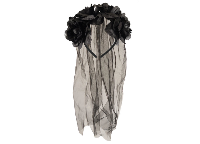 Braut Haarreif Mit Schwarzen Blumen & Schleier – Ideal für Halloween & Kostümpartys TK Gruppe® Grosshandel 