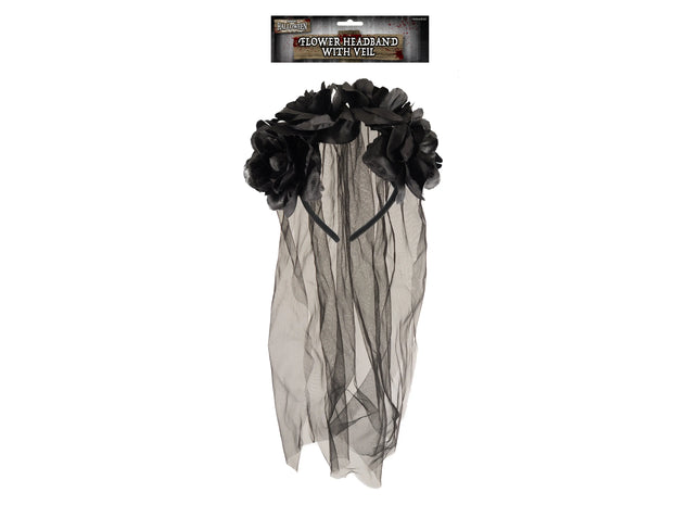 Braut Stirnband Mit Schwarzen Blumen Und Schleier - Gothic High Time Accessoire TK Gruppe® Grosshandel 