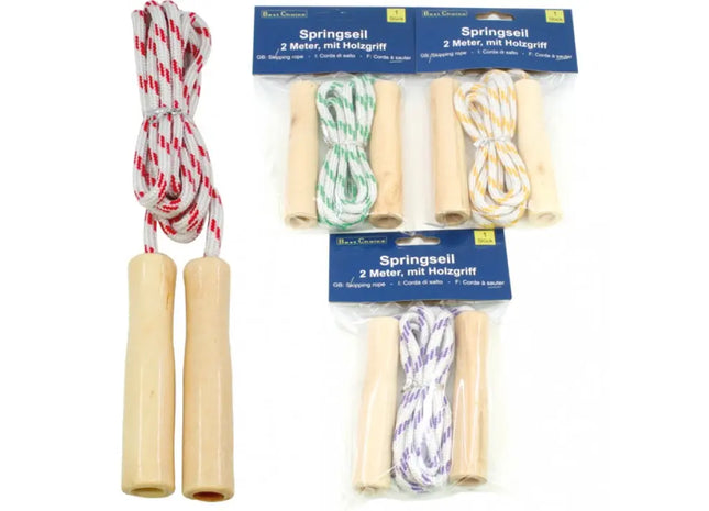 Buntes Springseil 2m mit Holzgriffen, Verschiedene Farben, in Polybeutel - Aktiver Spaß TK Gruppe® Grosshandel 