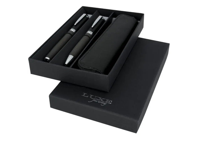 Carbon Duo Kugelschreiber-Set mit Etui - Schwarz mit Schwarzer Mine TK Gruppe® Grosshandel 