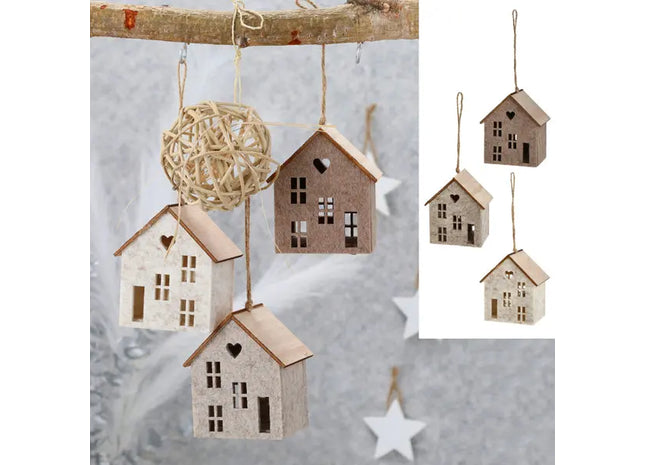 Charmante Filz-Haus Hänger mit Holzdach, 8,5cm Höhe, 3er Set - Festliche Wohnaccessoires TK Gruppe® Grosshandel 