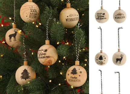 Christbaumkugel Holz Sprüche, 6 cm Durchmesser, 6er-Set – Rustikale Weihnachtsdeko TK Gruppe® Grosshandel 