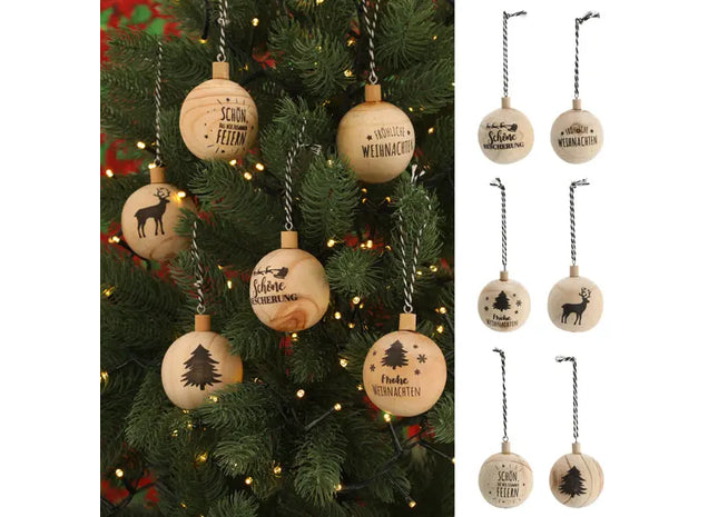 Christbaumkugel Holz Sprüche, 6 cm Durchmesser, 6er-Set – Rustikale Weihnachtsdeko TK Gruppe® Grosshandel 