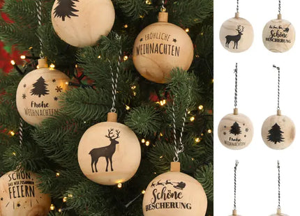 Christbaumkugel Holz Sprüche, 8 cm Durchmesser, 6er-Set – Rustikale Weihnachtsdeko TK Gruppe® Grosshandel 