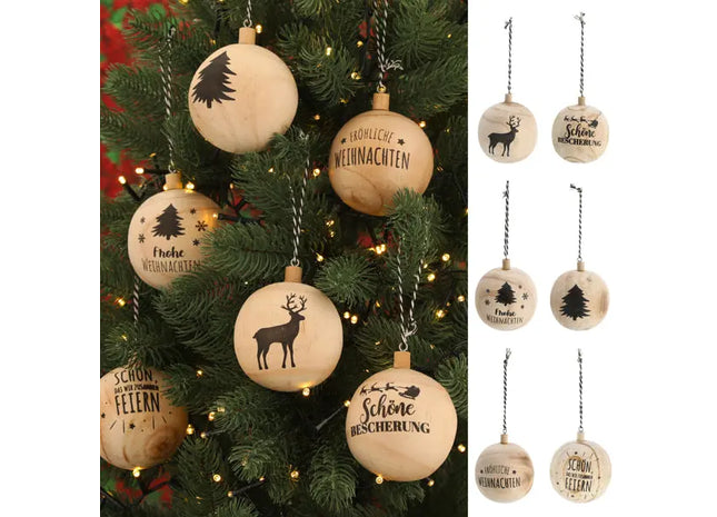 Christbaumkugel Holz Sprüche, 8 cm Durchmesser, 6er-Set – Rustikale Weihnachtsdeko TK Gruppe® Grosshandel 