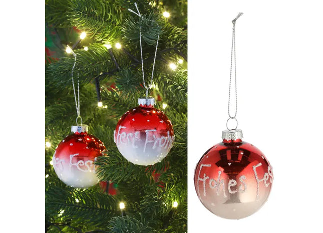 Christbaumkugel „Frohes Fest“, Rot-Weiß, Durchmesser ca. 6 cm TK Gruppe® Grosshandel 