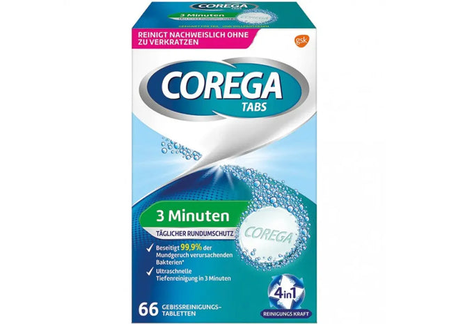Corega Tabs Schnellreinigung 3 Minuten - 66 Reinigungstabletten für Zahnprothesen TK Gruppe® Grosshandel 