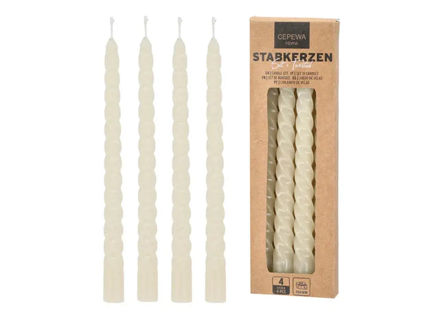 Creme Stabkerzen Gedreht, 4er Set, 20cm - Stilvolles Spiralen-Design TK Gruppe® Grosshandel 