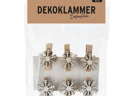 Dekoklammer Schneeflocke Holz 6er Set - Festliche Clips, Weihnachtsdekoration, Bastelzubehör TK Gruppe® Grosshandel 
