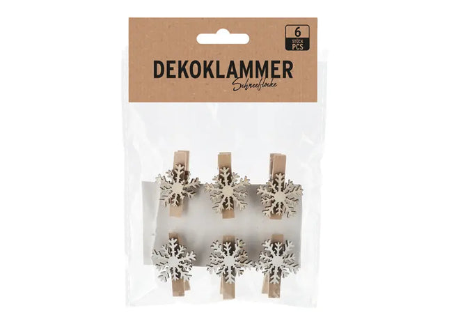 Dekoklammer Schneeflocke Holz 6er Set - Festliche Clips, Weihnachtsdekoration, Bastelzubehör TK Gruppe® Grosshandel 