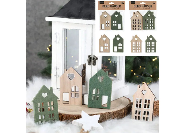Dekorative Holz- und Filzhäuser Set - 2 Designs, 10x7cm, 4er Pack - Rustikale Wohnaccessoires TK Gruppe® Grosshandel 