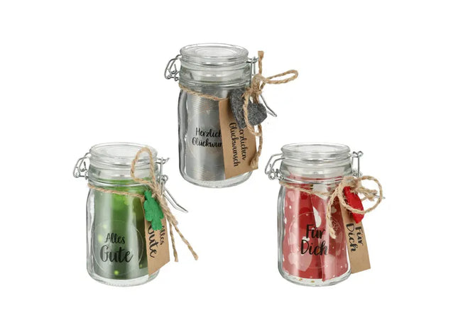 Dekorative Wunschgläser mit Sprüchen und Konfetti, 12x6.5x6.5 cm, 3er-Set - Inspirierende Geschenkidee TK Gruppe® Grosshandel 