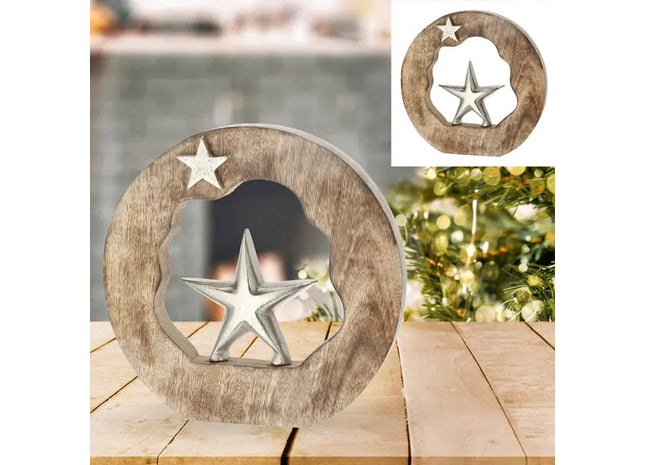 Dekorativer Standstern im runden Holzrahmen, Höhe 21cm TK Gruppe® Grosshandel 