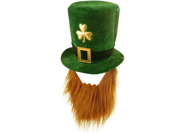 Deluxe Samt-Kleeblatt-Topper-Mütze für Erwachsene mit Bart | Luxuriöser irischer Partyhut von St. Patrick'S TK Gruppe® Grosshandel 