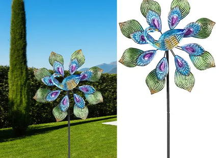 Doppelt Windrad Pfau, Blau Grün Garten Dekoration, 132cm Höhe, Outdoor Spinner TK Gruppe® Grosshandel 