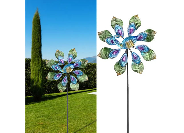 Doppelt Windrad Pfau, Blau Grün Garten Dekoration, 132cm Höhe, Outdoor Spinner TK Gruppe® Grosshandel 