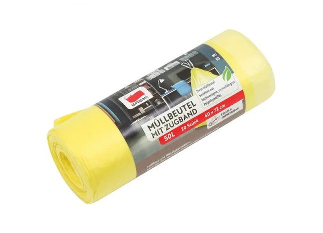 Drawstring Trash Bags 50L, 20-Pack on Roll, Yellow - Waste Disposal Solution TK Gruppe® Grosshandel 