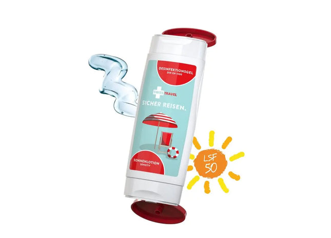 DuoPack Reisehygiene: Sonnenmilch LSF 50 Sensitiv & Desinfektionsgel TK Gruppe® Grosshandel 