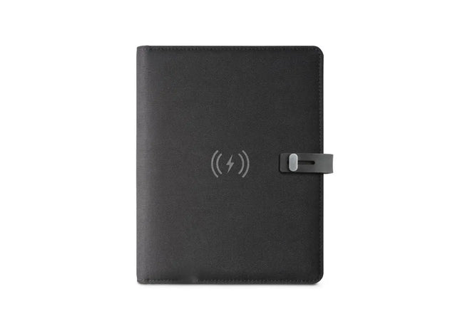 EMERGE A5 FOLDER - A5 Mappe aus 300D 100% rPET mit kabellosem Ladegerät - schwarz TK Gruppe® Grosshandel 