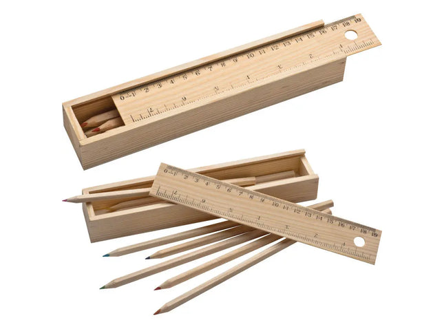 Edle Holzbox mit 8 Buntstiften und Lineal - Braun - Premium Zeichen- und Schreibset TK Gruppe® Grosshandel 