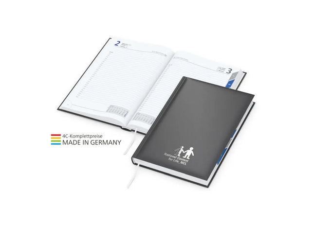 Edler Manager-Buchkalender in Anthrazit mit Silberprägung und Register TK Gruppe® Grosshandel 