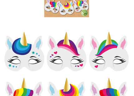 Einhorngesichtsmasken aus Papier, 6 verschiedene Designs, Partyzubehör TK Gruppe® Grosshandel 