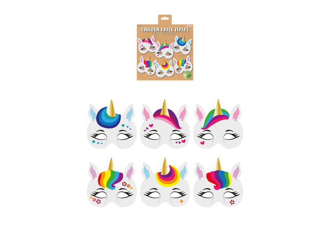 Einhorngesichtsmasken aus Papier, 6 verschiedene Designs, Partyzubehör TK Gruppe® Grosshandel 
