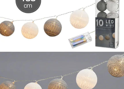 Elegante Cottonball LED-Lichterkette in Weiß & Grau - 10 LEDs, 165cm Lang, 6cm Durchmesser TK Gruppe® Grosshandel 